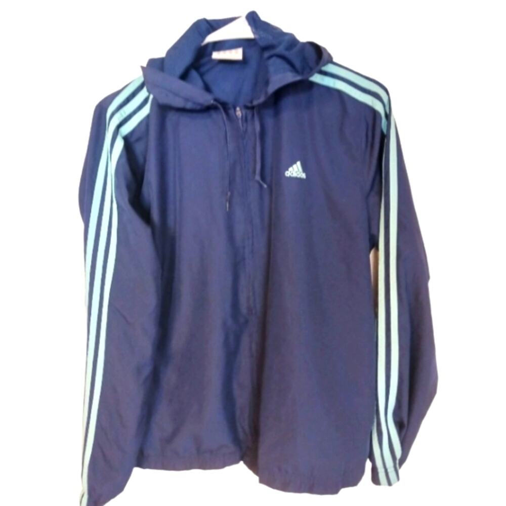 Adidas triple stripe sleeved hooded windbreaker. Unisex Size M